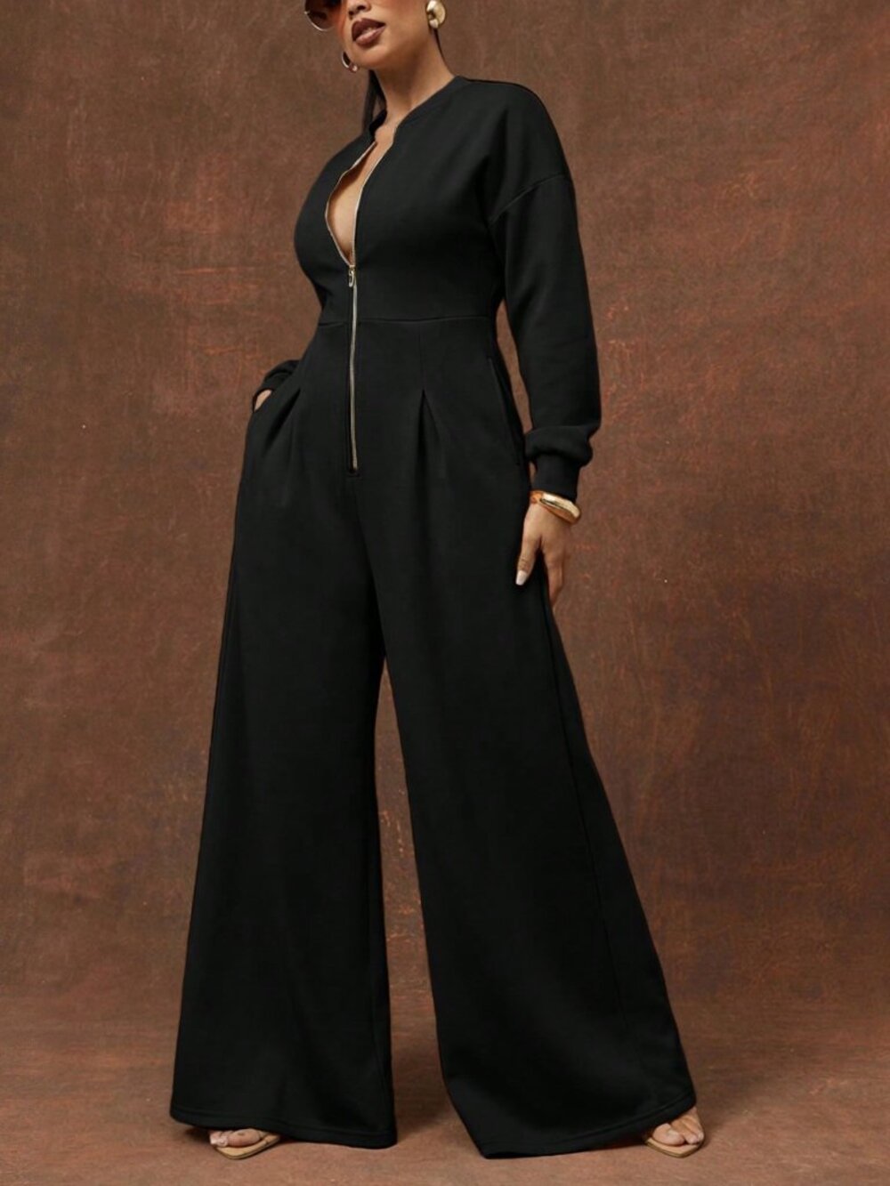 Black Elegant Women's Pocket Zipper Button Front Loose Fit Drop Sleeve Jumpsuit
